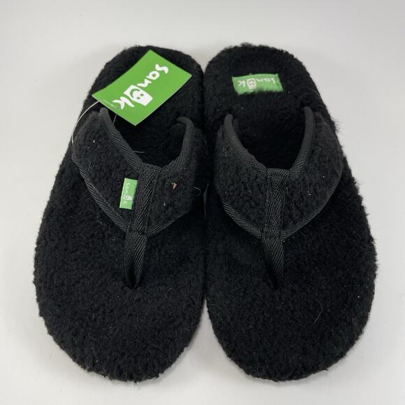 Sanuk Furreal Classic Chill Fuzzy Flip Flops Womens Size 7 Black Sandals Thong - Picture 9 of 9